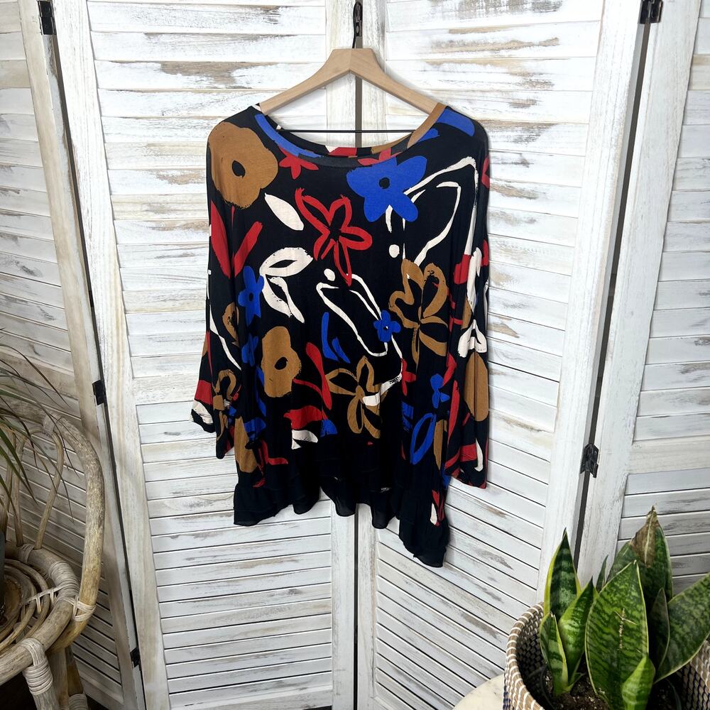 LOGO by LORI GOLDSTEIN Women's Printed Oversized Drop Shoulder Top Black Floral - Picture 5 of 11